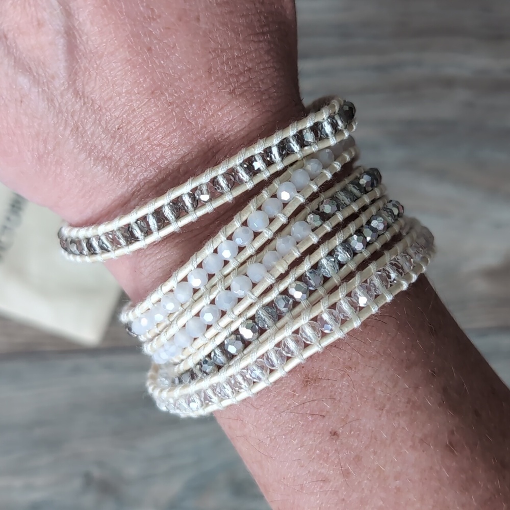 Victoria Emerson Five Wrap Crystal Beaded Bracelet Silver Clear Ivory White